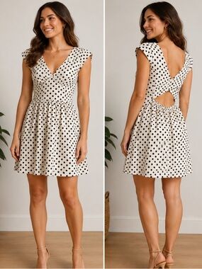 Anthropologie 9-H15 Stcl Polka Dot V-Back Mini Dress in Ivory and Black